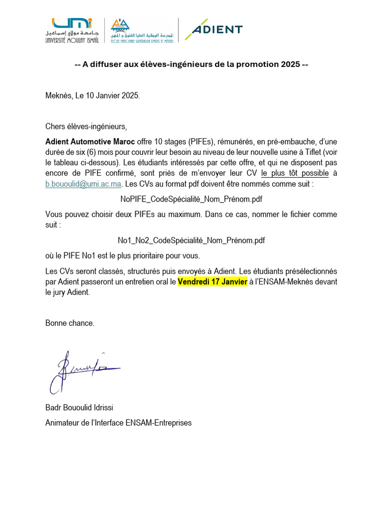 Offre PIFEs ADIENT 2025 | PDF | Industrial Engineering | Automation