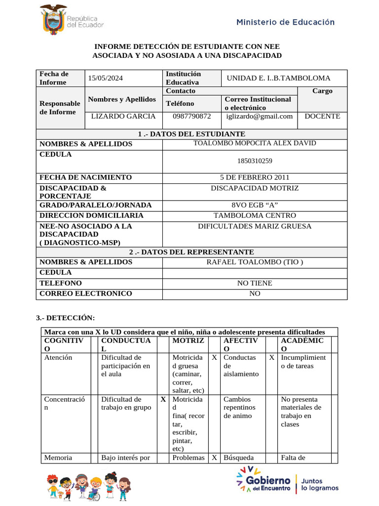 Informe sobre NEE de Estudiantes Lizardo | PDF | Salón de clases ...