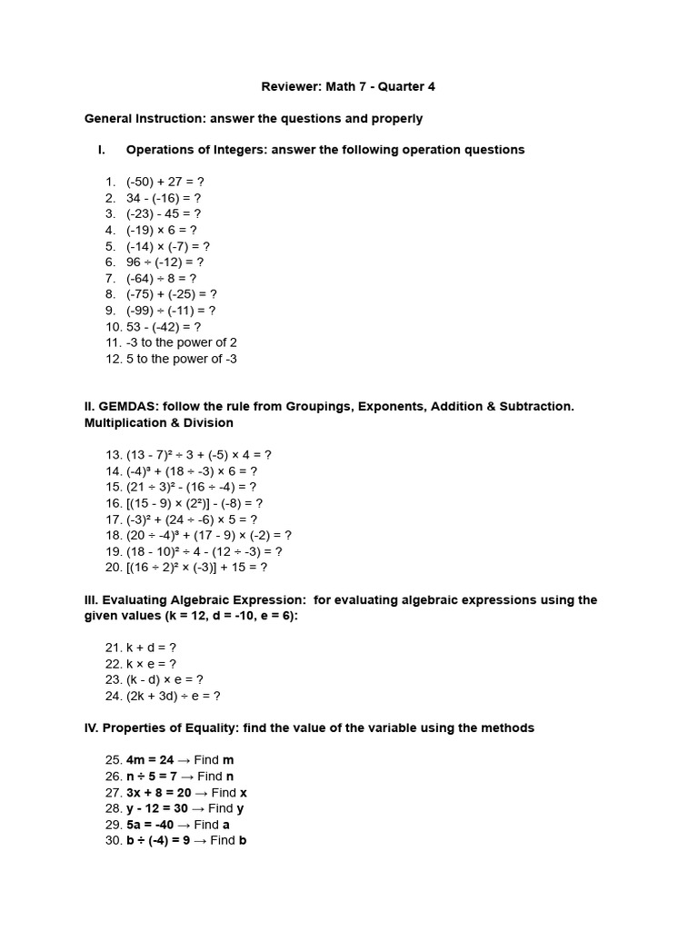 Math 7 Quarter 4 Review Questions | PDF
