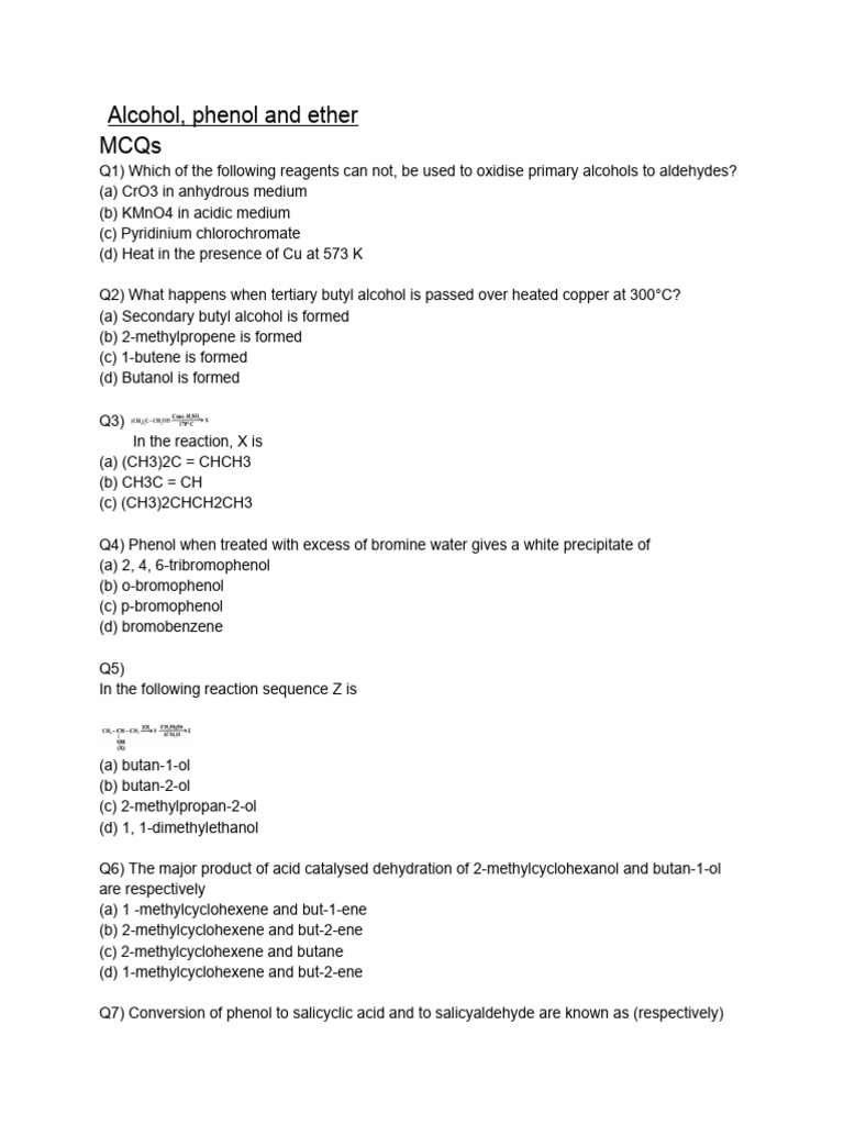 Alcohols, Phenols, and Ethers MCQs | PDF | Ether | Methyl Group