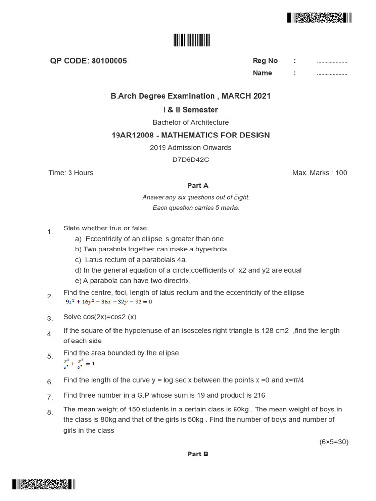 B.Arch Mathematics Exam Questions 2021 | PDF | Ellipse | Elementary ...