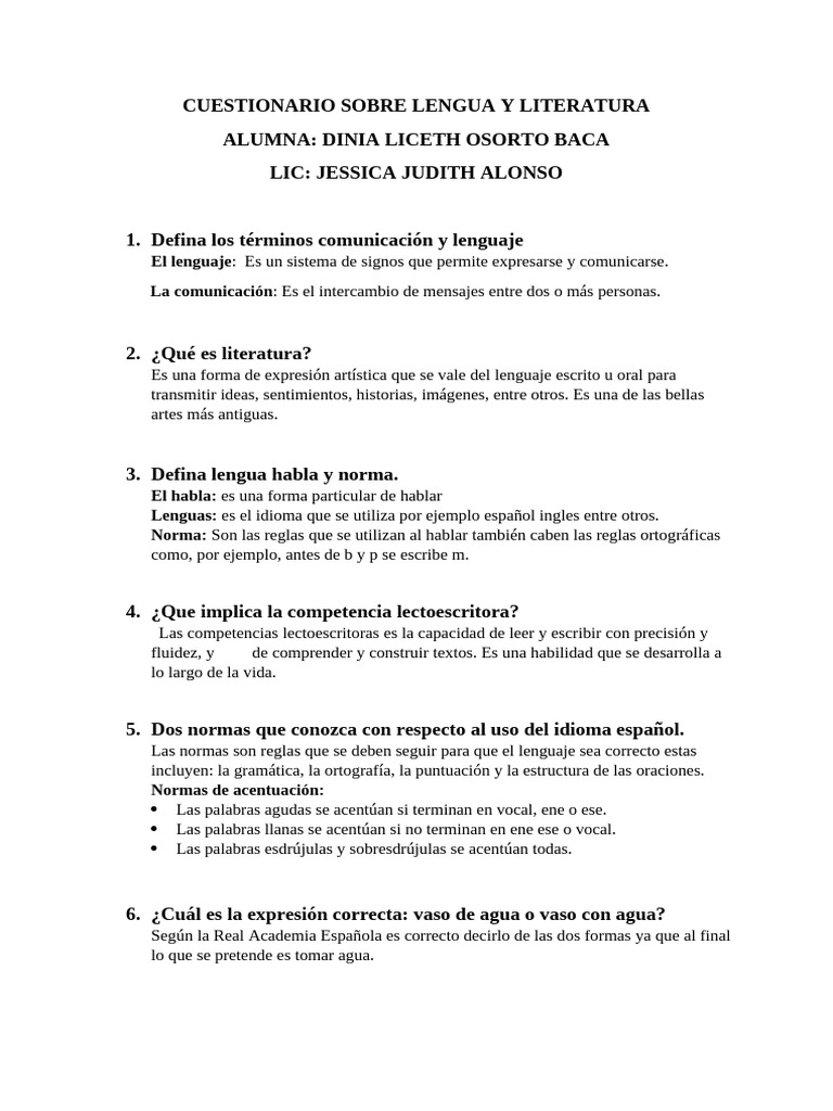 Cuestionario de Lengua y Literatura | PDF | Comunicación | Palabra