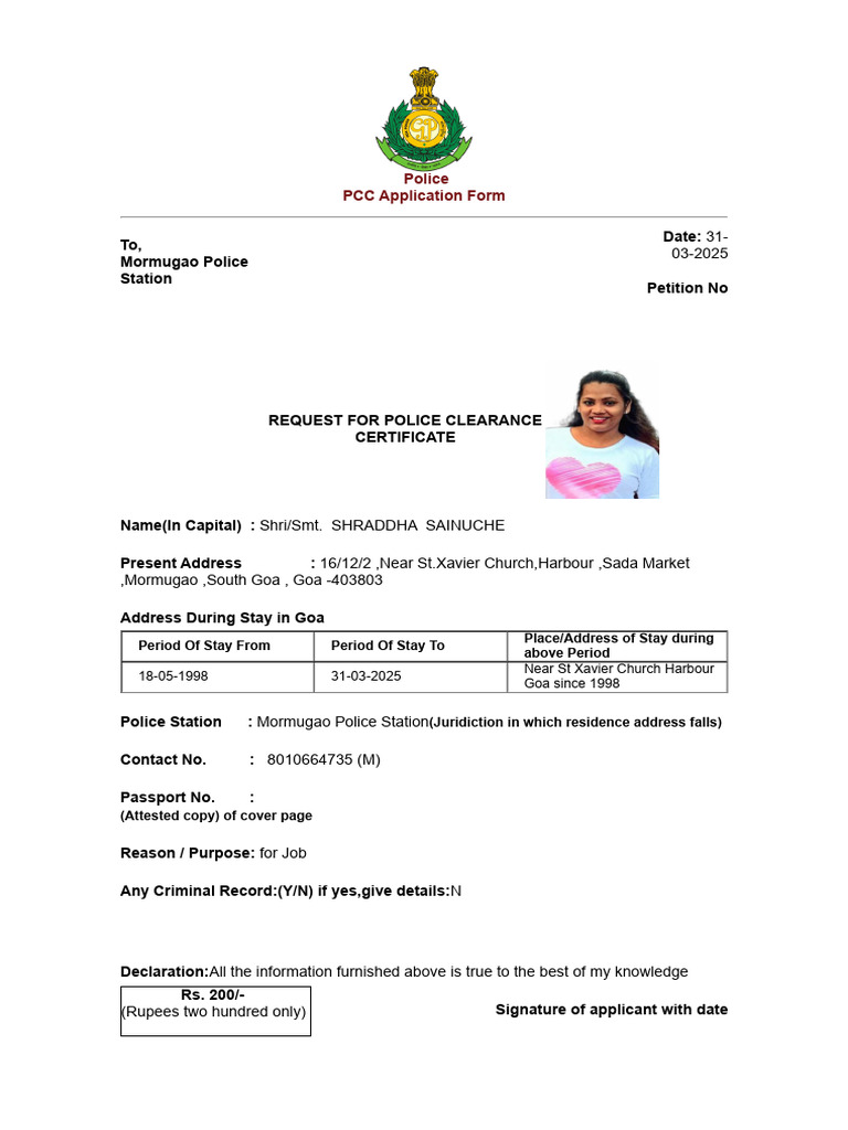 Police Clearance Certificate Application | PDF