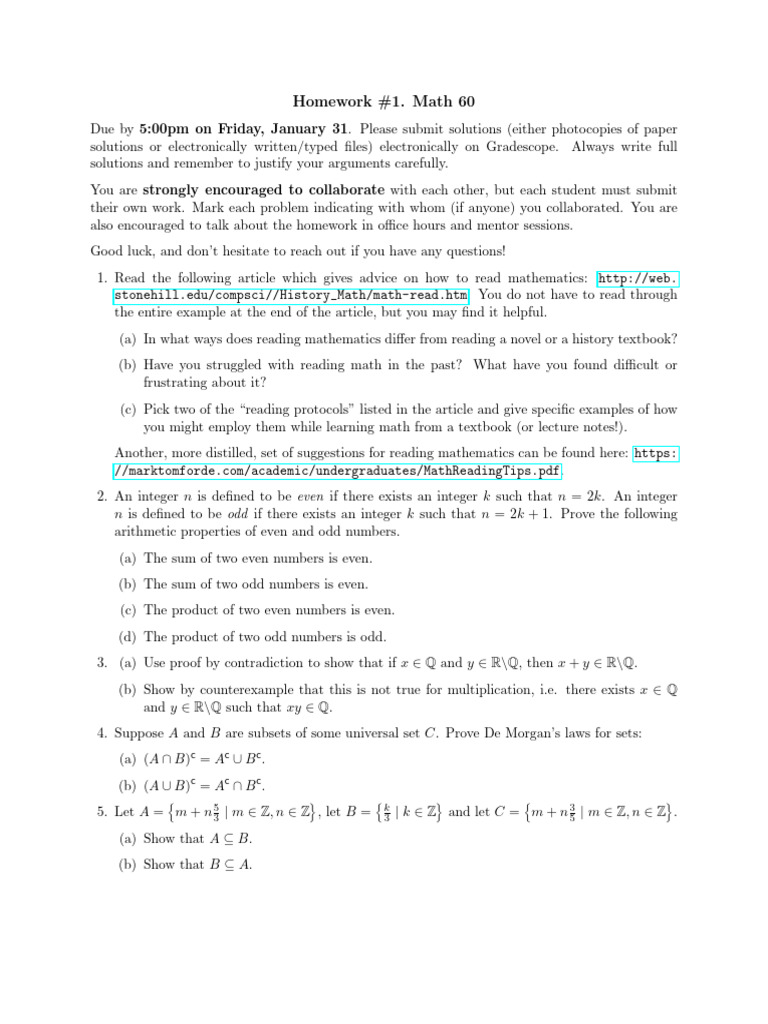 Math 60 Homework #1 Instructions | PDF | Mathematics | Integer
