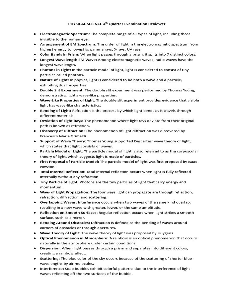 4th Quarter Physical Science Exam Review | PDF | Light | Diffraction