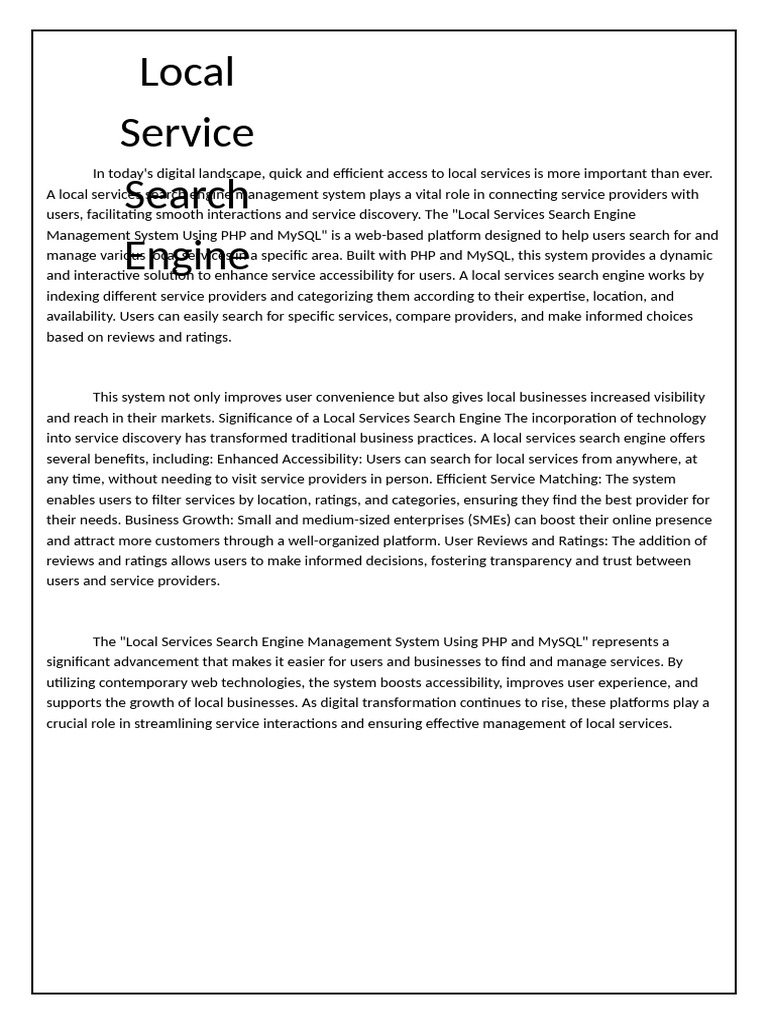 Local Services Search Engine System | PDF | Databases | Usability