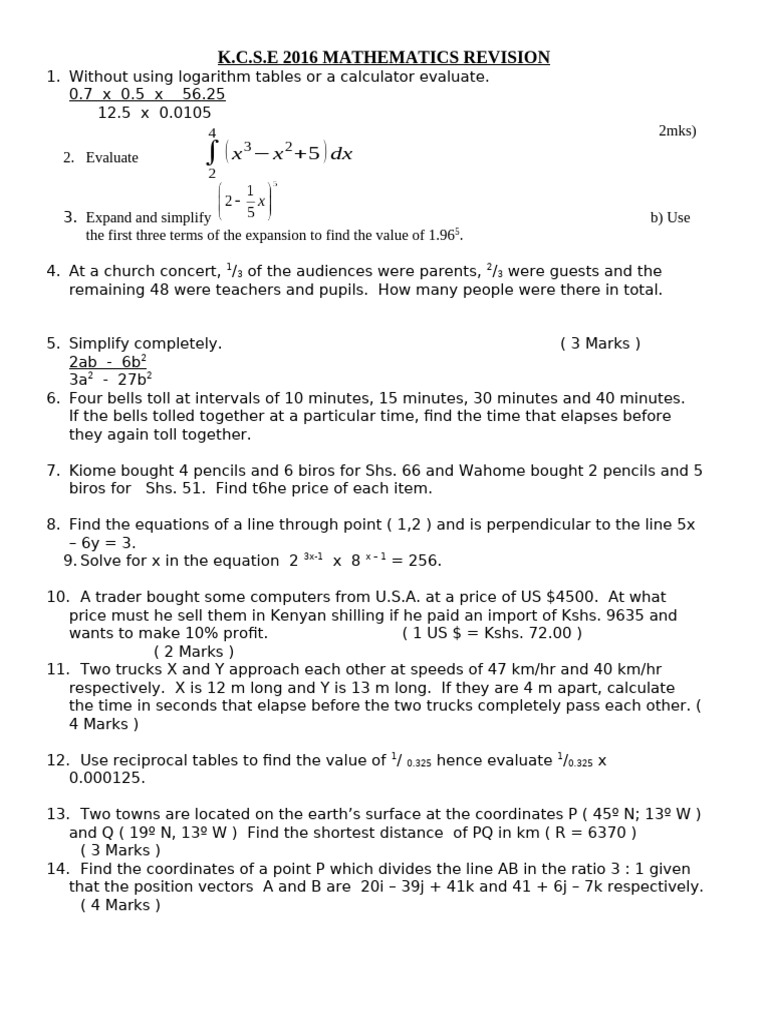 District Maths Revision: K.C.S.E 2016 | PDF | Applied Mathematics ...