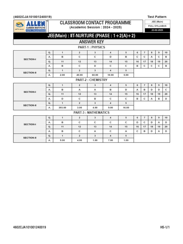 A TP+Regular Full Test P 1+2A+2 NURTURE JEE MAIN 23 02 2025 F1 | PDF ...