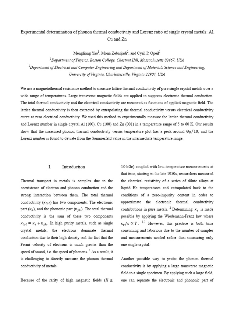 Phonon Thermal Conductivity in Metals | PDF | Electrical Resistivity ...