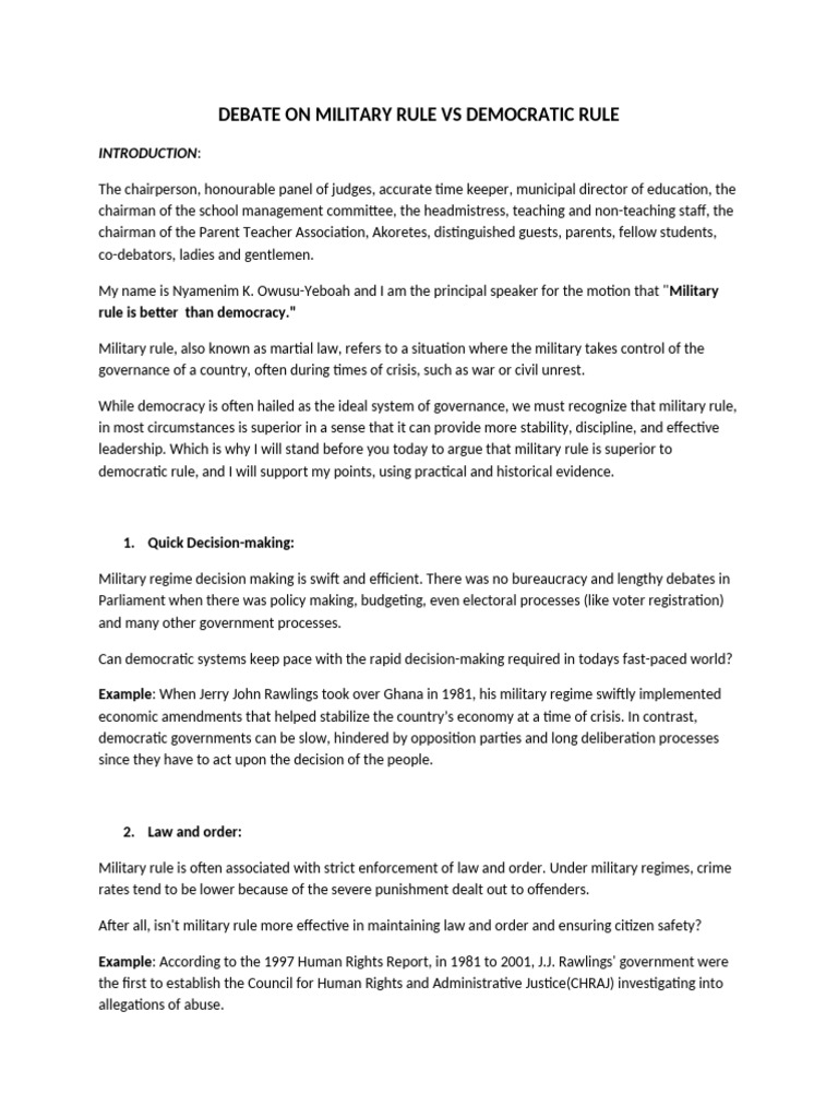 Military Rule vs. Democratic Governance Debate | PDF | Democracy ...