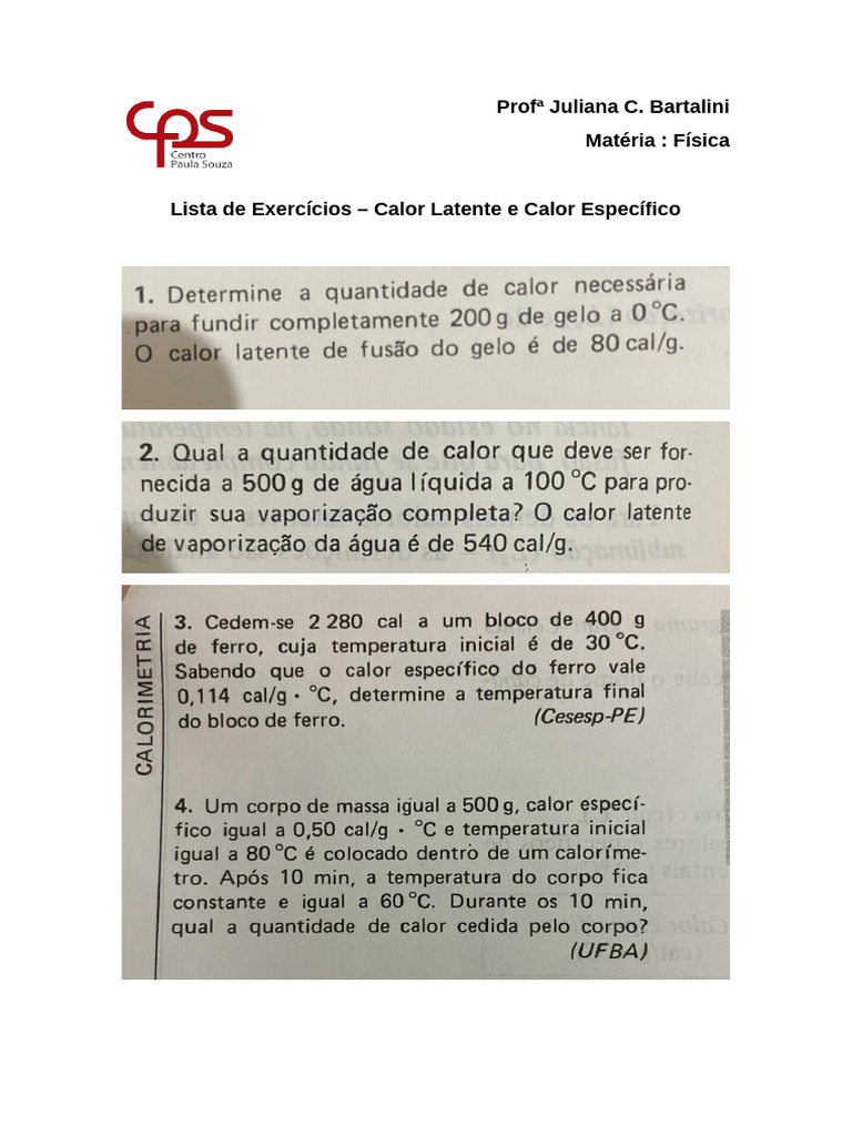 Lista de Exercícios Calor Latente e Calor Específico | PDF
