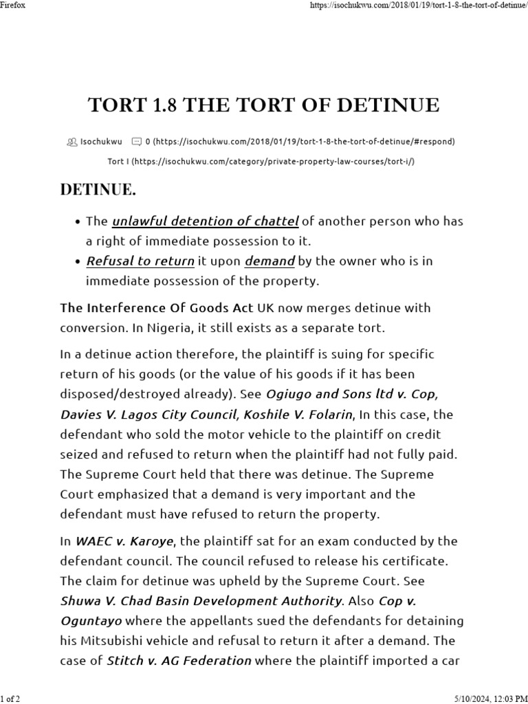 Tort 1.8 The Tort of Detinue - Isochukwu LTD | PDF | Conversion (Law ...