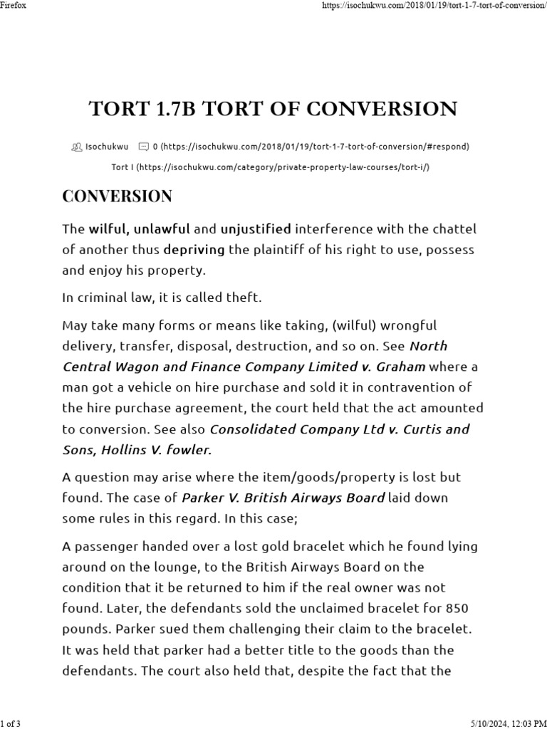 Understanding the Tort of Conversion | PDF | Conversion (Law ...