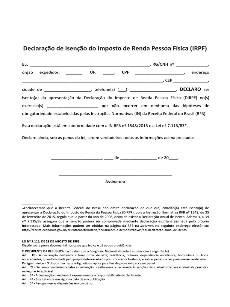 Modelo Declaração de Isenção de Imposto de Renda | PDF