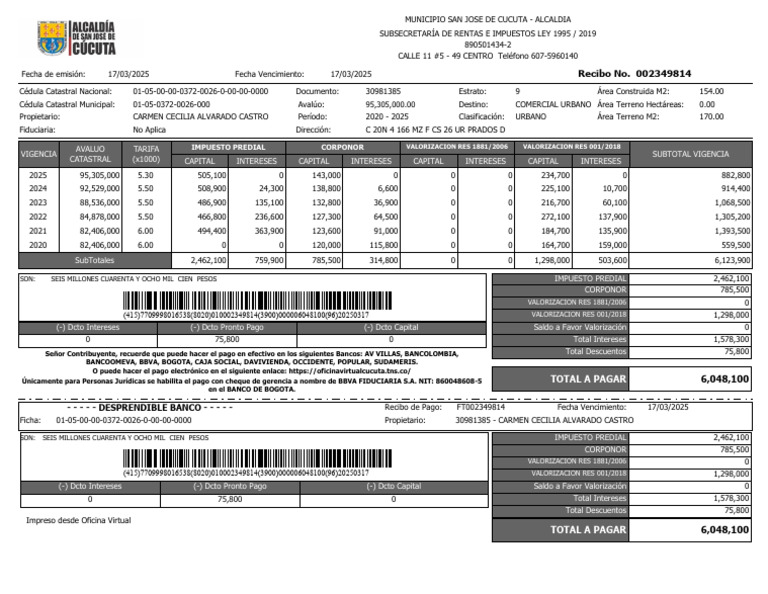 Recibo de Impuesto Predial 2025 Cúcuta | PDF | Finanzas personales ...