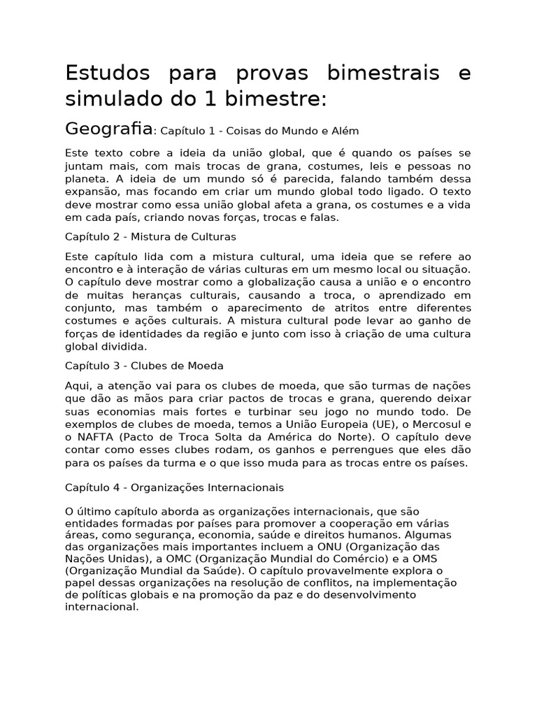 Estudos para Provas Bimestrais e Simulado Do 1 Bimestre | PDF ...