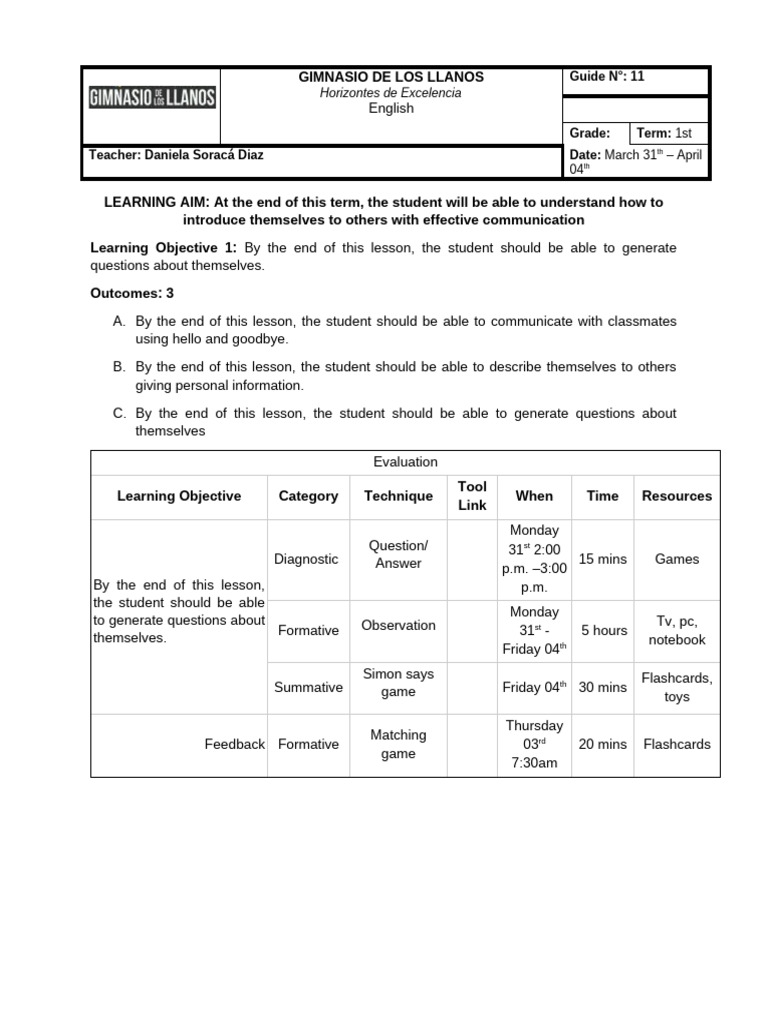 Daniela 1st Grade 31st-04th W11 | PDF | Learning | Human Communication