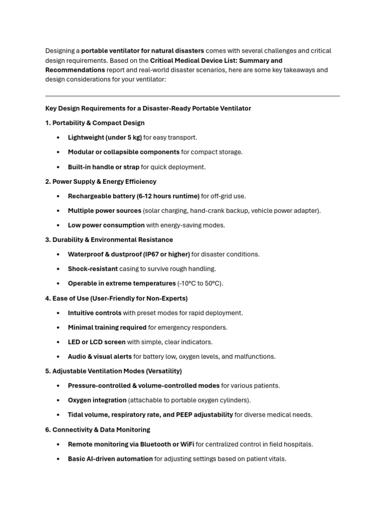 Portable Ventilator Design for Disasters | PDF | Usability | Transport