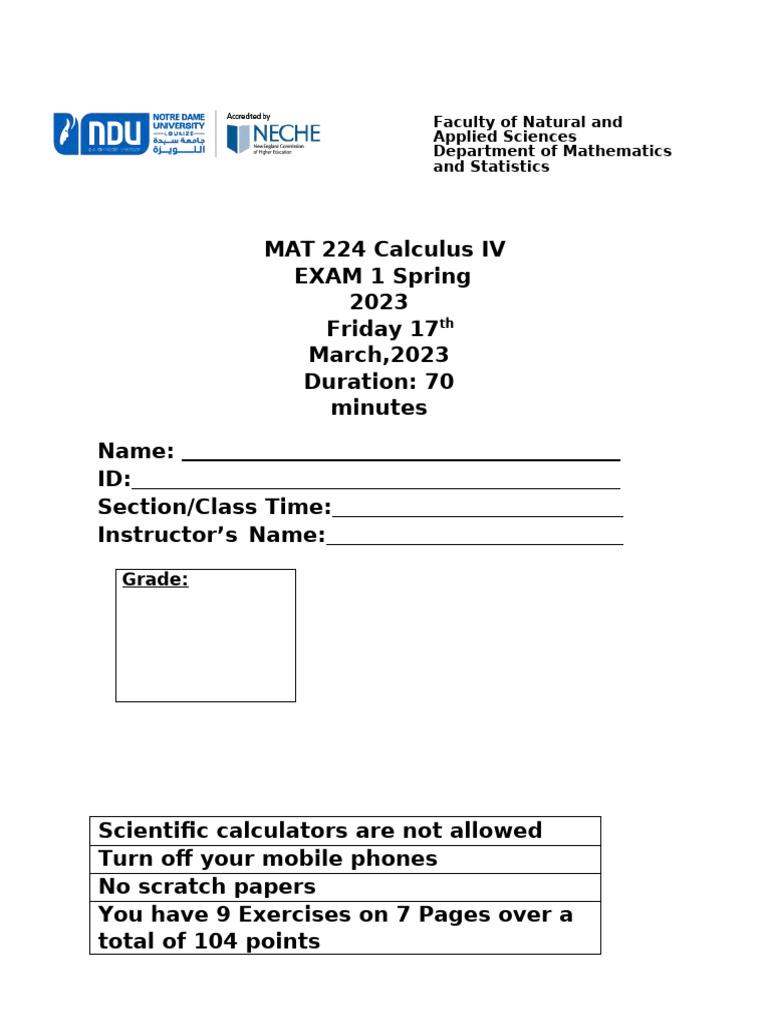MAT 224 Calculus IV Exam 1 Spring 2023 | PDF | Function (Mathematics ...