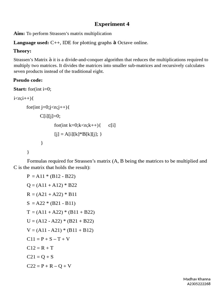 Strassen's Matrix Multiplication in C++ | PDF | Algorithms And Data ...