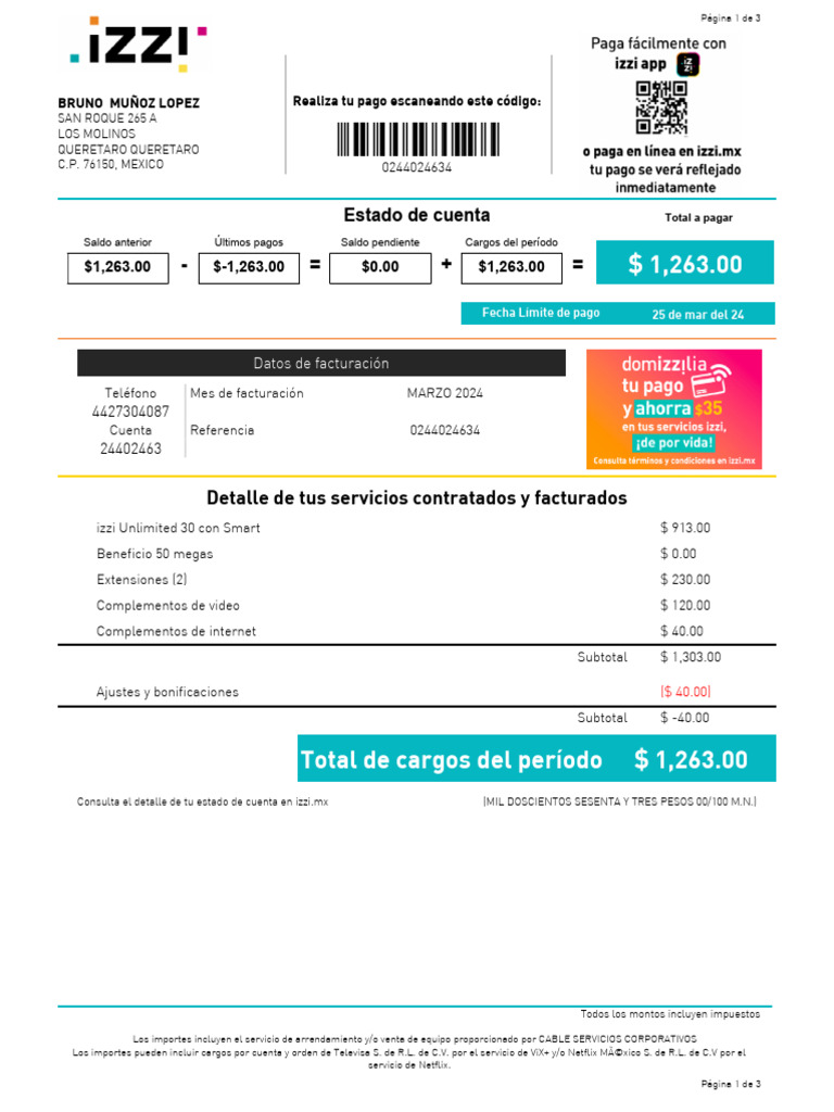 Estado de Cuenta Izzi - Marzo 2024 | PDF | Industrias de servicio ...