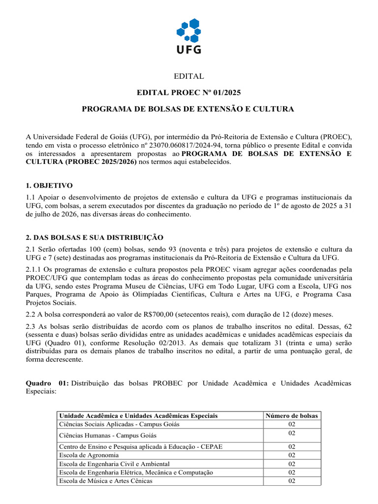 Edital PROBEC 2025/2026: Bolsas UFG | PDF