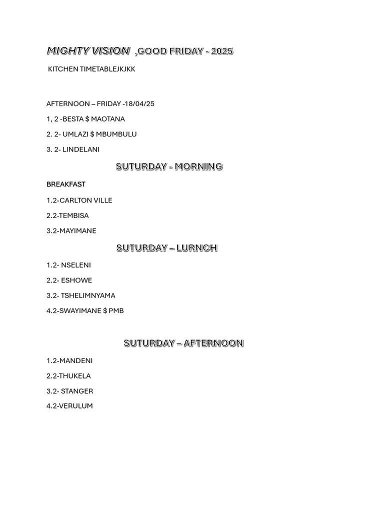 Kitchen Timetable for April 18, 2025 | PDF
