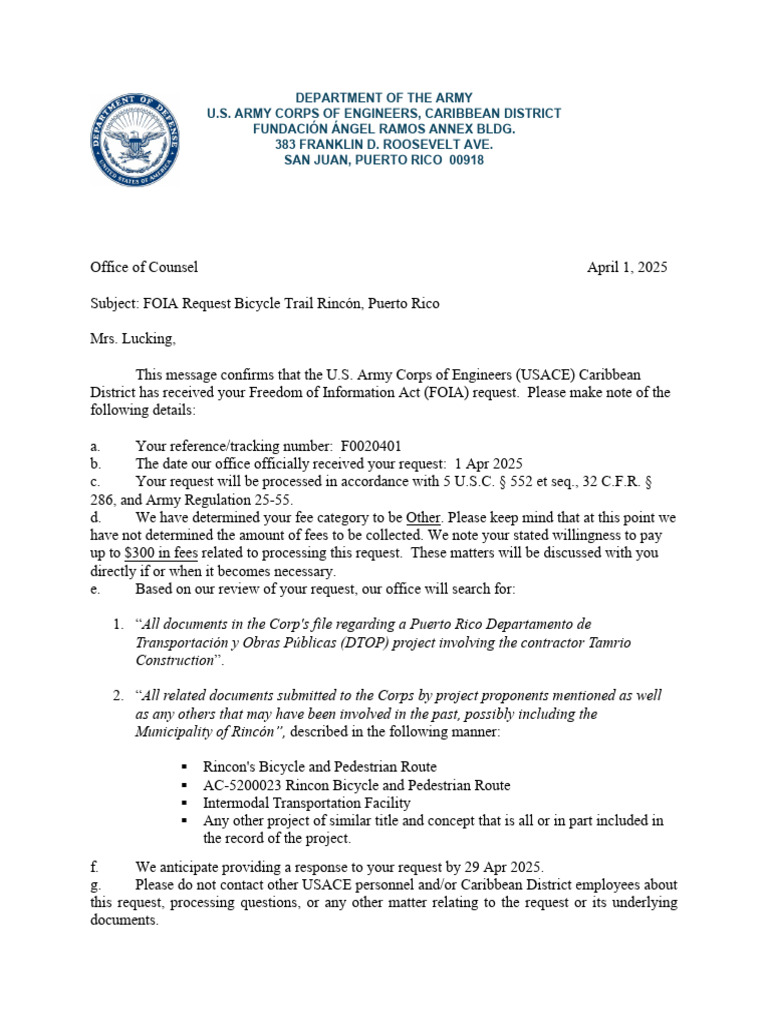 FOIA Acknowledgment Response USACE - Coralations - Rincon | PDF