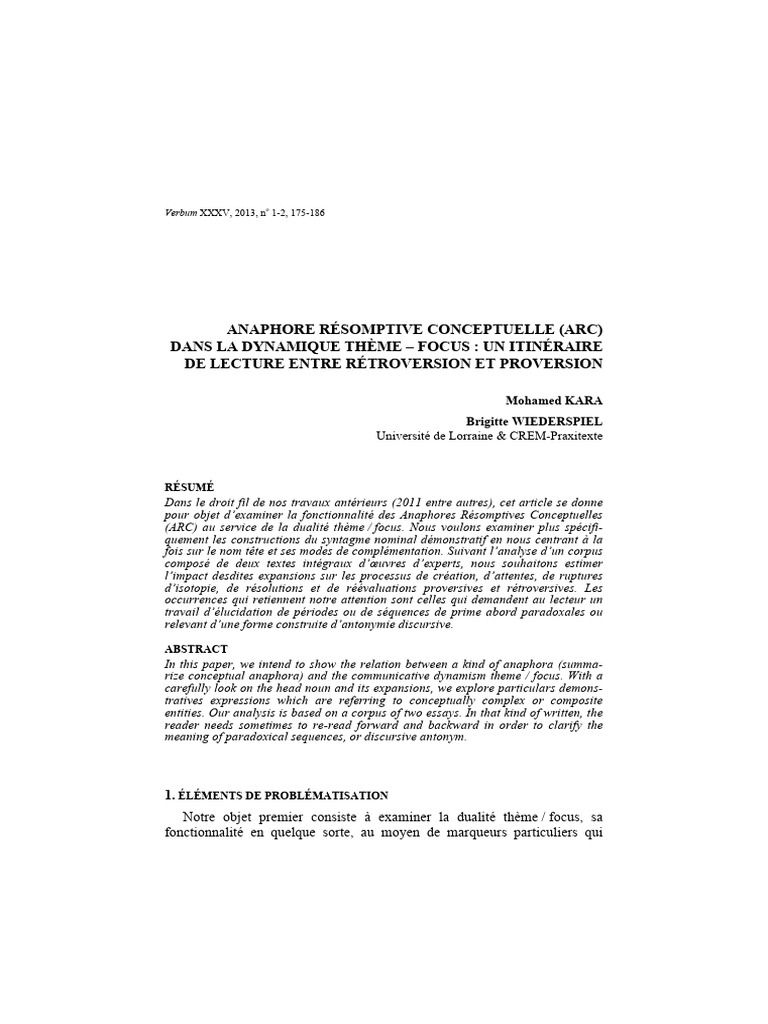 Anaphore Résomptive Conceptuelle et Thème-Focus | PDF