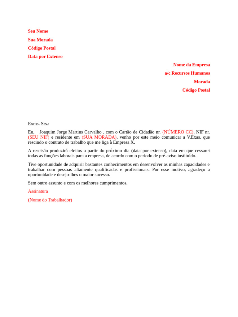 Modelo de Carta de Rescisão de Contrato | PDF