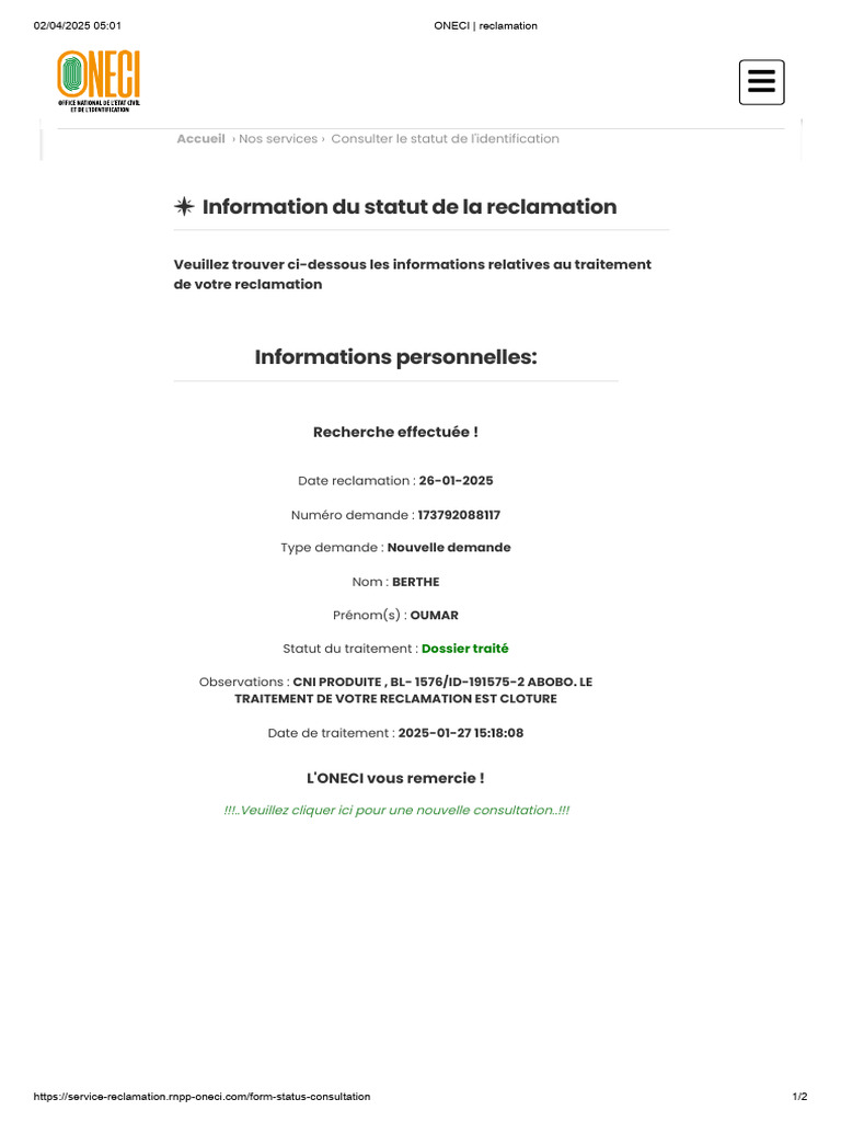 Statut de votre demande ONECI | PDF