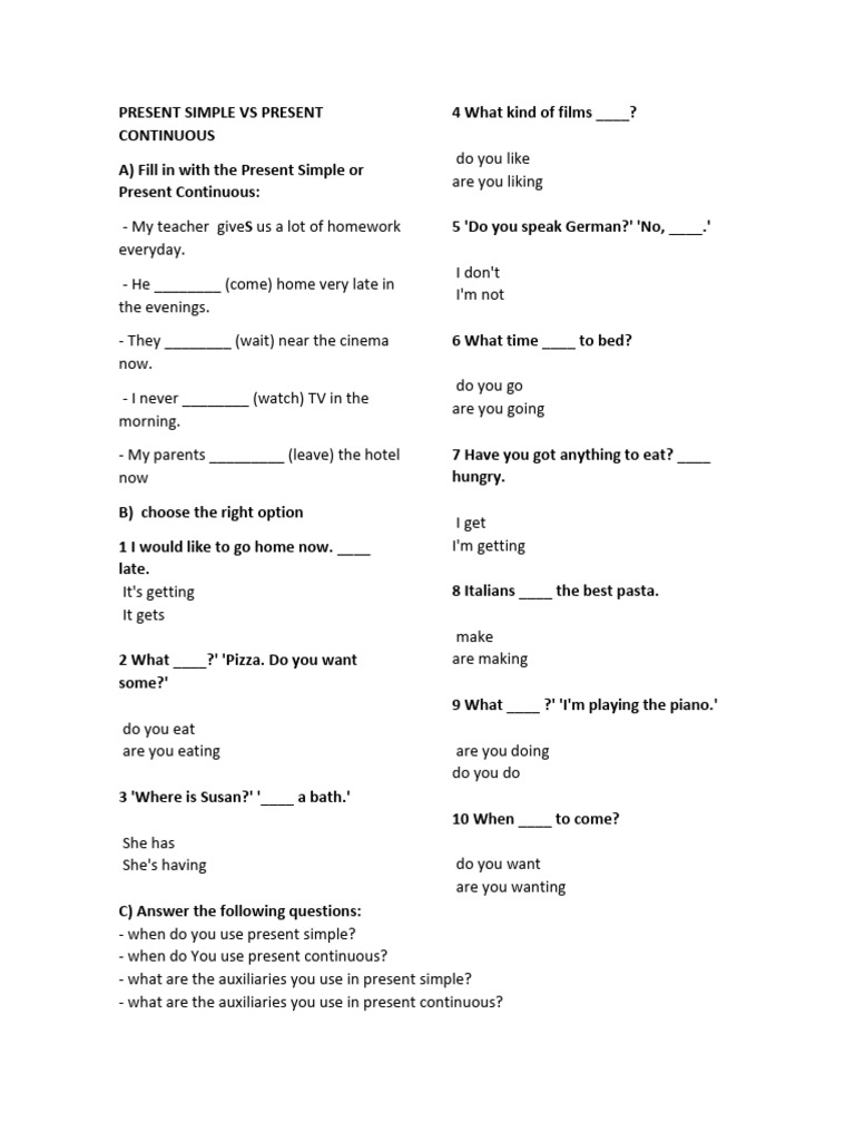Present Simple vs Continuous Quiz | PDF