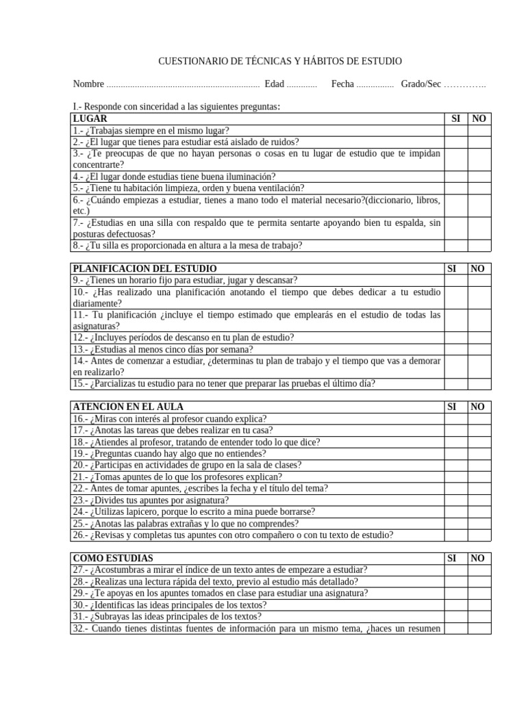 Cuestionario de Hábitos de Estudio | PDF