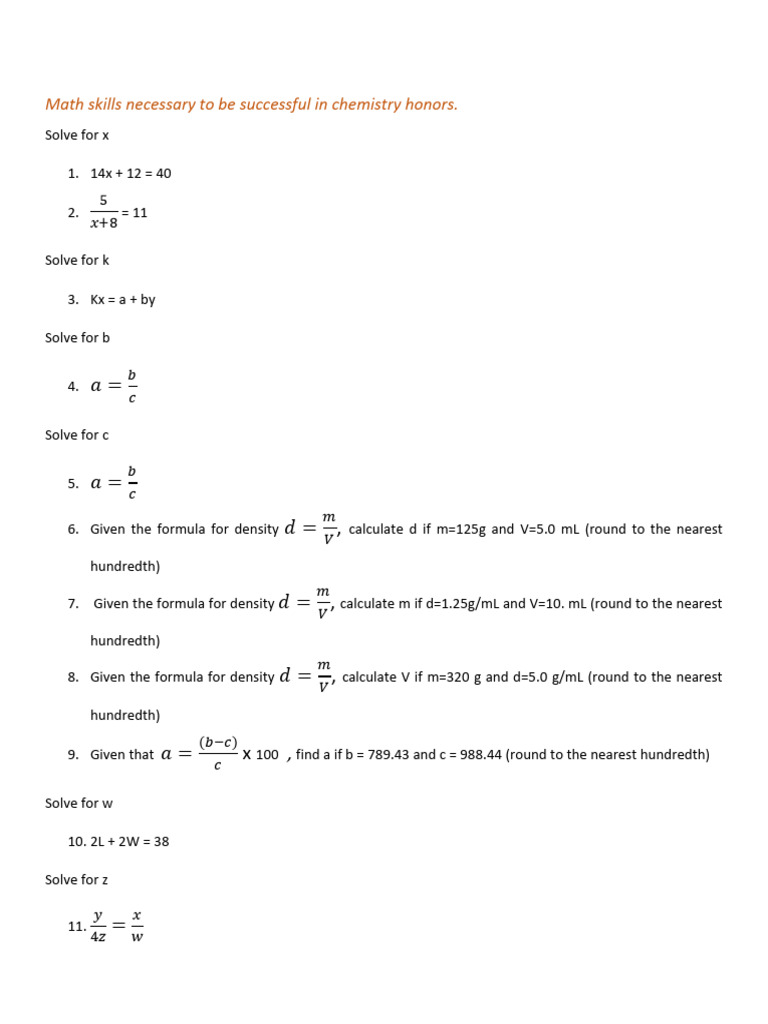 Algebra Skills for Chemistry Success | PDF