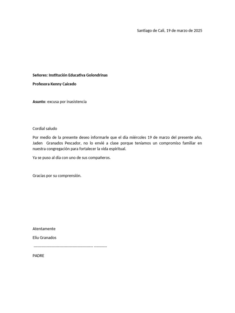 Carta de excusa para la profesora | PDF