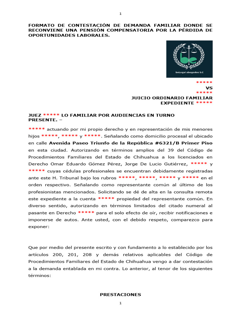 Contestación de Demanda Familiar y Pensión | PDF | Demanda judicial ...