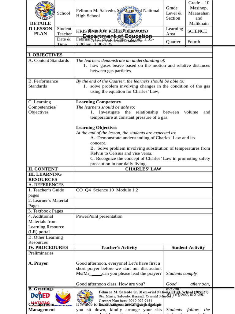 Grade 10 Science Lesson Plan: Charles' Law | PDF | Gases | Learning