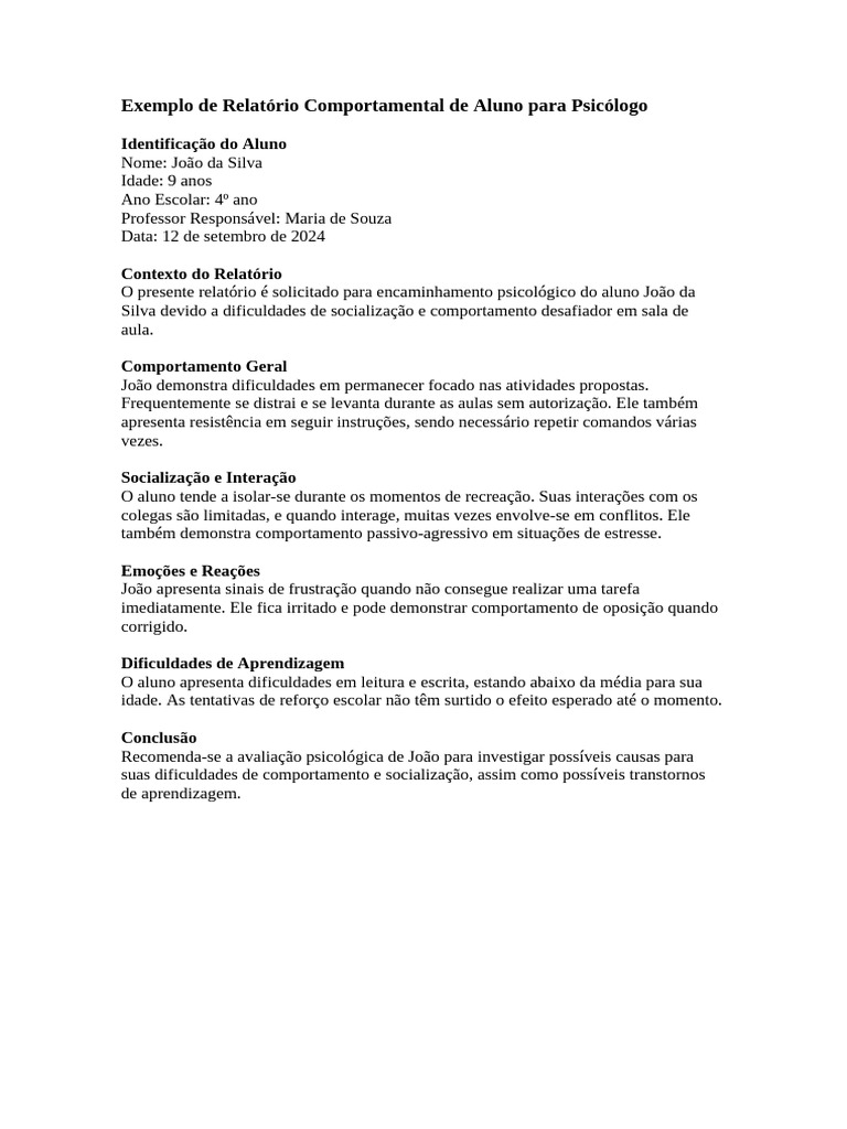 Relatório Comportamental de João para Psicólogo | PDF