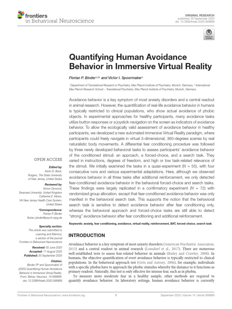Human Avoidance Behavior in VR Study | PDF | Phobia | Classical ...