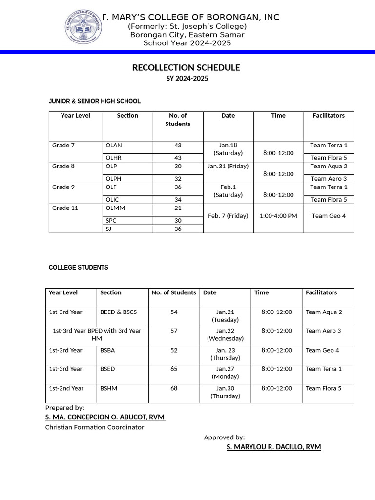 St. Mary's College Recollection Schedule 2024-25 | PDF
