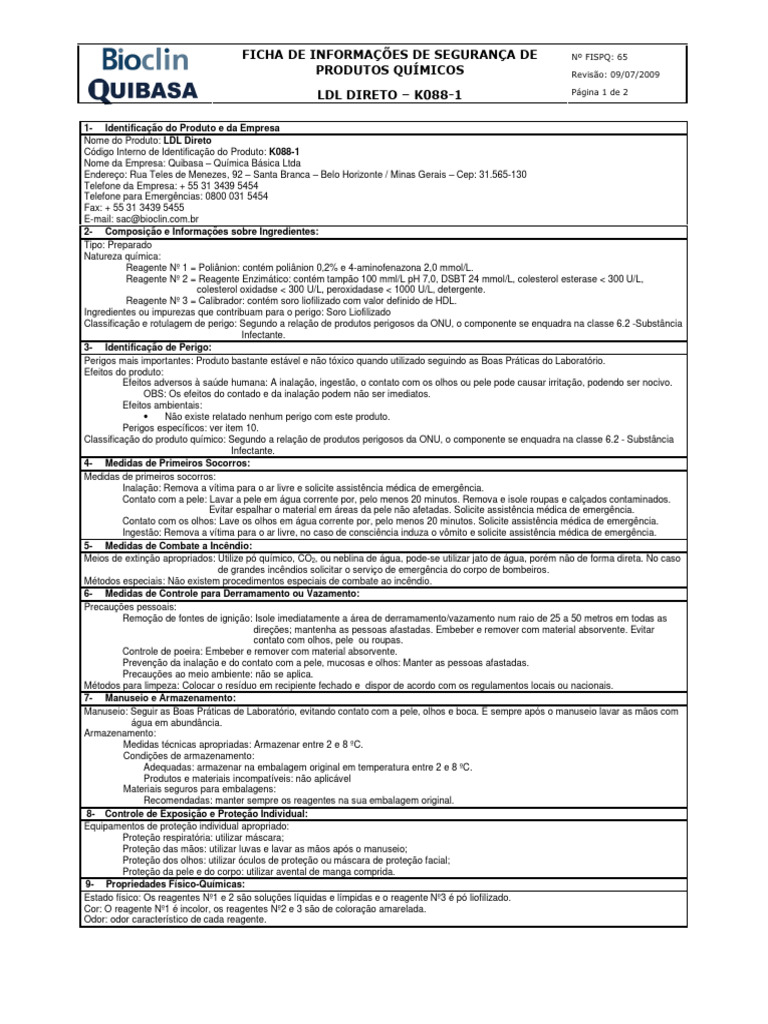 Ficha de Segurança LDL Direto K088-1 | PDF | Química