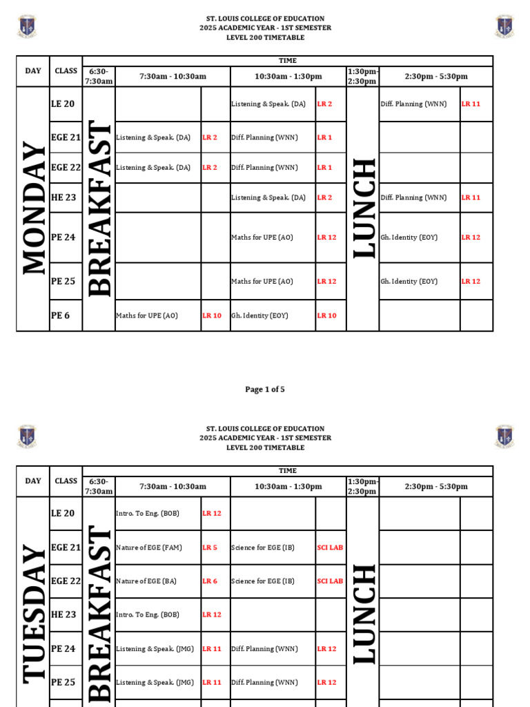Level 200 Timetable 2025 Semester 1 | PDF | Linguistics | Human ...