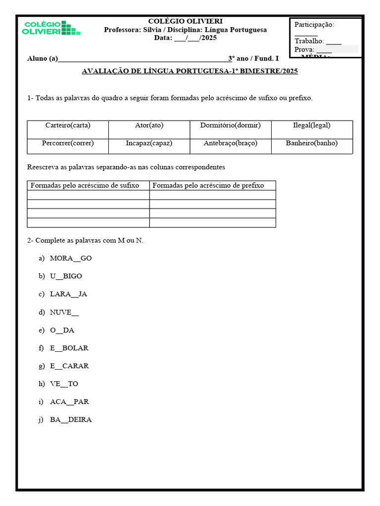 Avaliação de Língua Portuguesa 3º Ano | PDF | Imagem