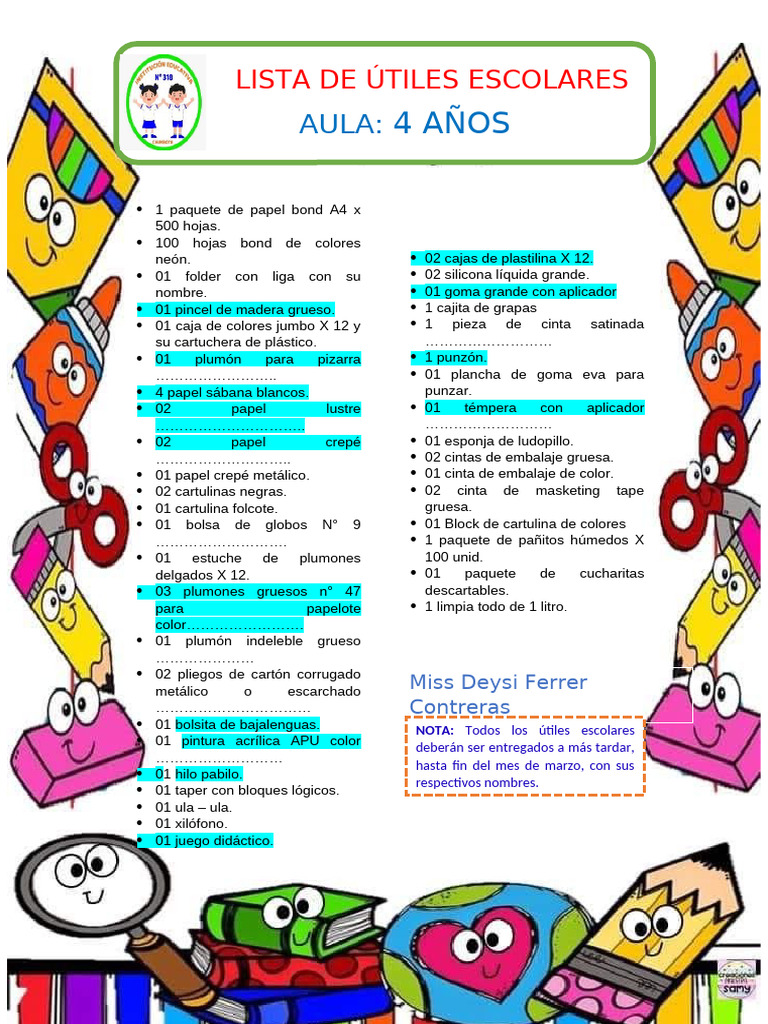 Útiles escolares para aula de 4 años | PDF