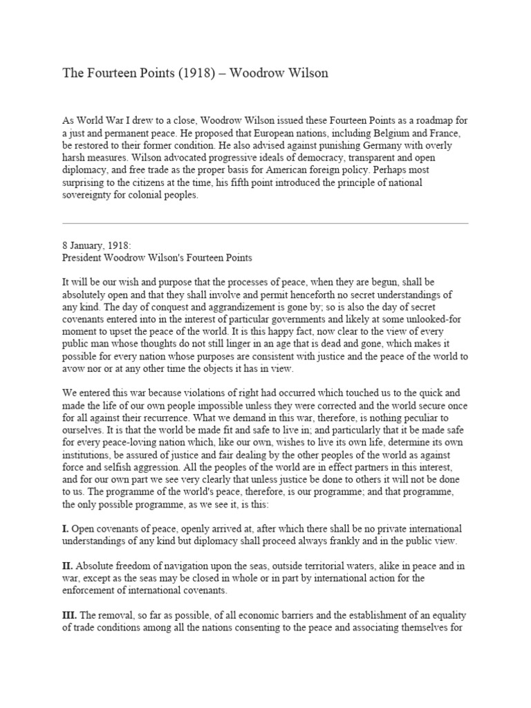 Woodrow Wilson's Fourteen Points Explained | PDF | Peace | Justice