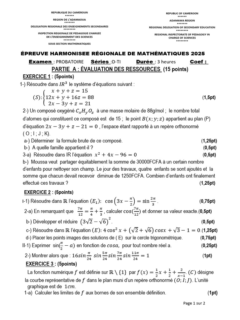 Épreuve de Mathématiques Probatoire 2025 | PDF | Nombre réel ...