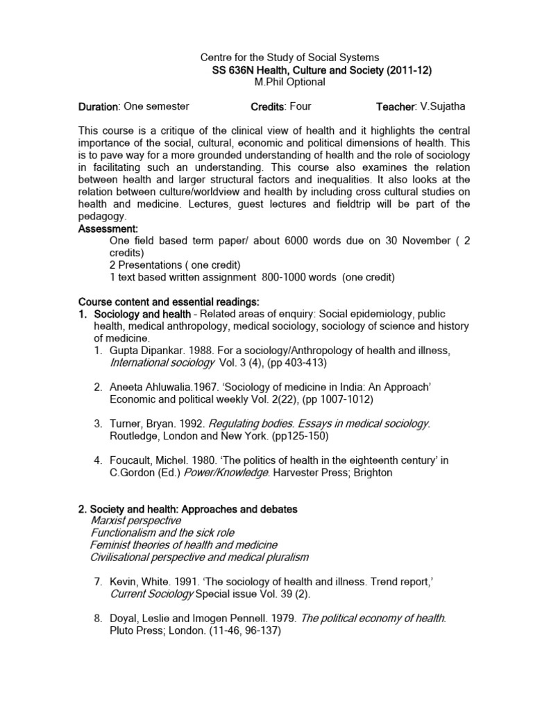 Health, Culture, and Society Course Overview | PDF | Sociology ...