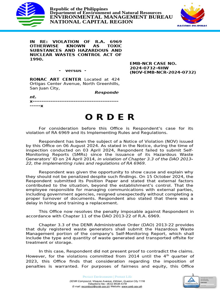 Ronac Art Center Hazardous Waste Violation | PDF