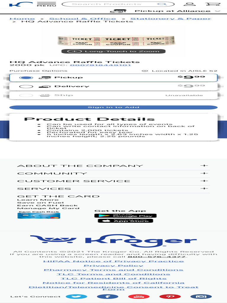 HQ Advance Raffle Tickets, 2000 Pk - Kroger | PDF