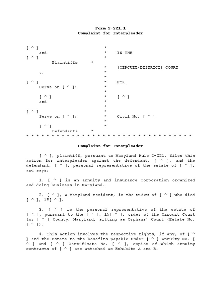 Form 2-221.1 Complaint For Interpleader | PDF | Annuity (European ...